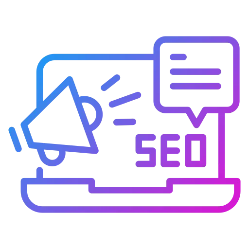 A linear gradient icon in blue and purple showing a laptop screen with the letters 'SEO', a megaphone, and a speech bubble.