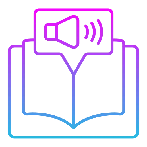 A linear gradient icon in pink, purple, and blue featuring an open book with a speech bubble containing a speaker volume symbol.