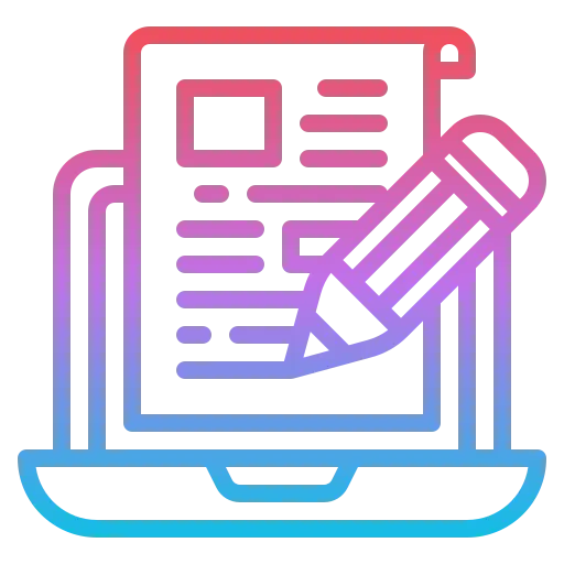 A linear gradient icon in pink, purple, and blue featuring a laptop screen with a document and a pencil writing on it.