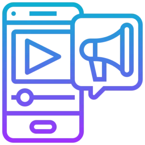 A line-art icon featuring a smartphone with a video player on the screen and a megaphone notification bubble, rendered in a vibrant cyan-to-purple gradient.