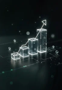 A futuristic 3D bar chart with a glowing white upward-trending arrow, featuring glass-like rectangular pillars and floating particles on a dark background.